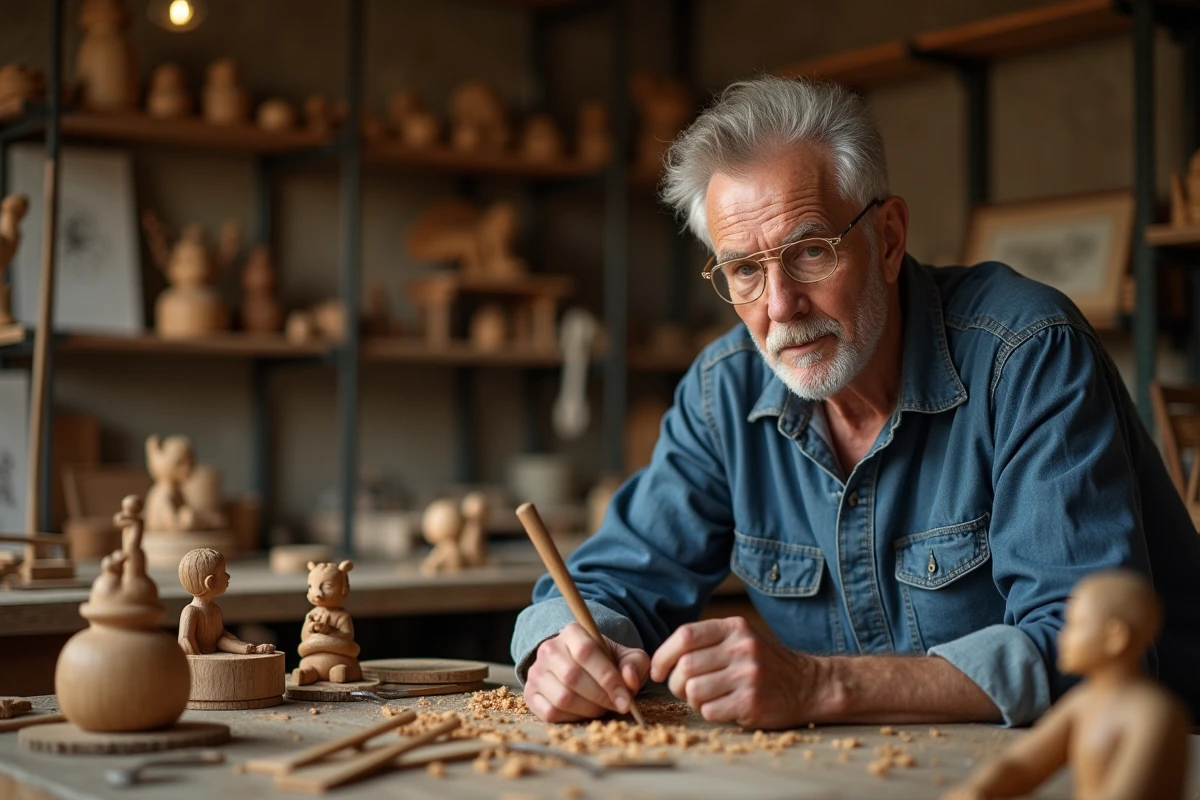 Homme âgé sculptant un modèle en bois dans son atelier