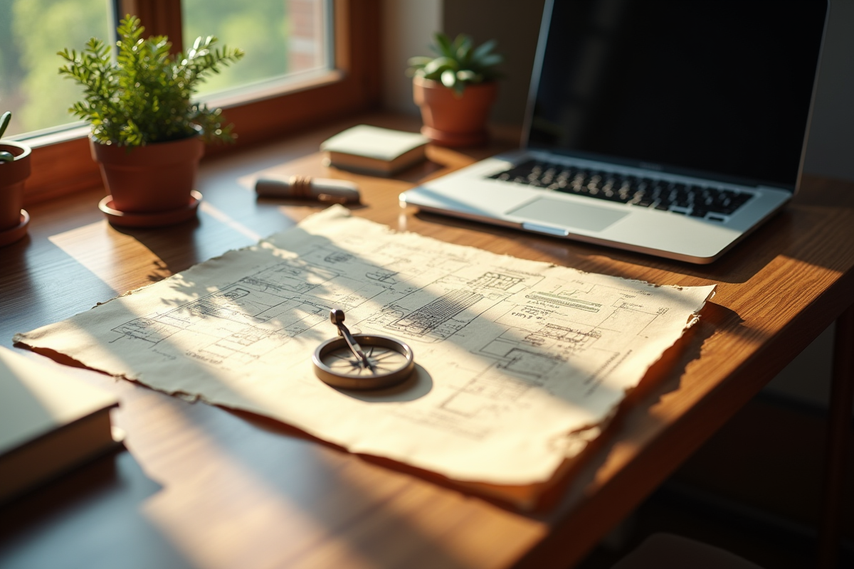 Bureau avec boussole croquis et ordinateur symbole de progrès