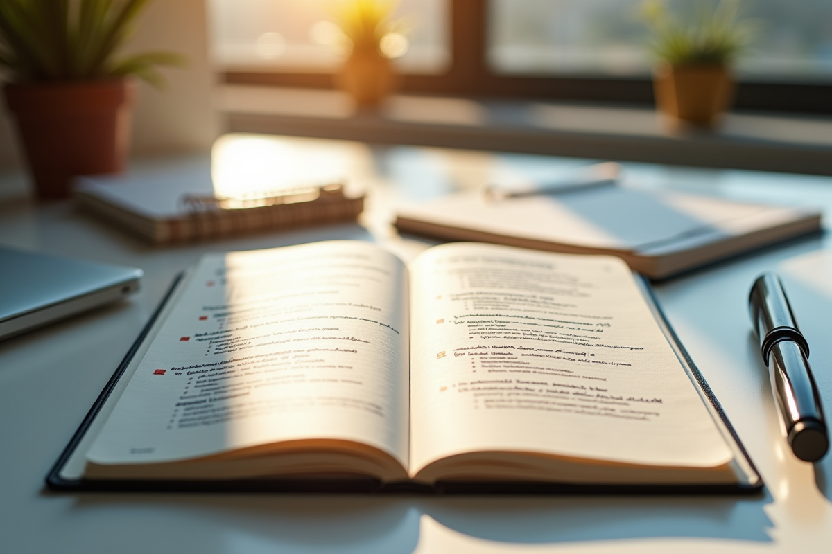 Carnet ouvert avec notes et surligneur sous la lumière du matin