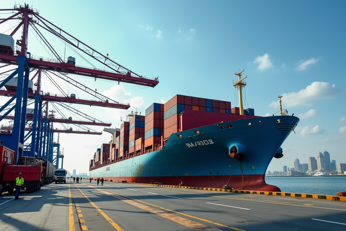 Conteneurs de fret chargés sur un cargo dans un port international animé