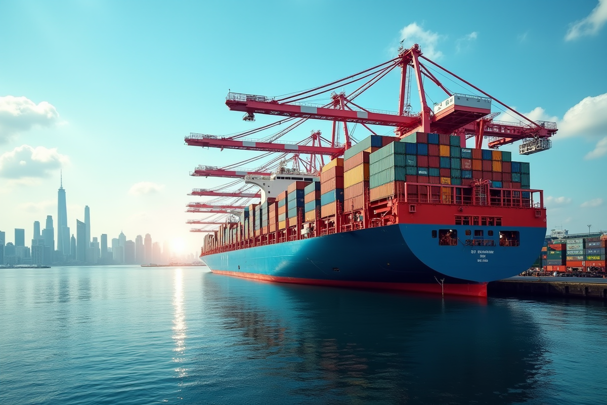 Conteneurs colorés chargés sur un navire dans un port animé