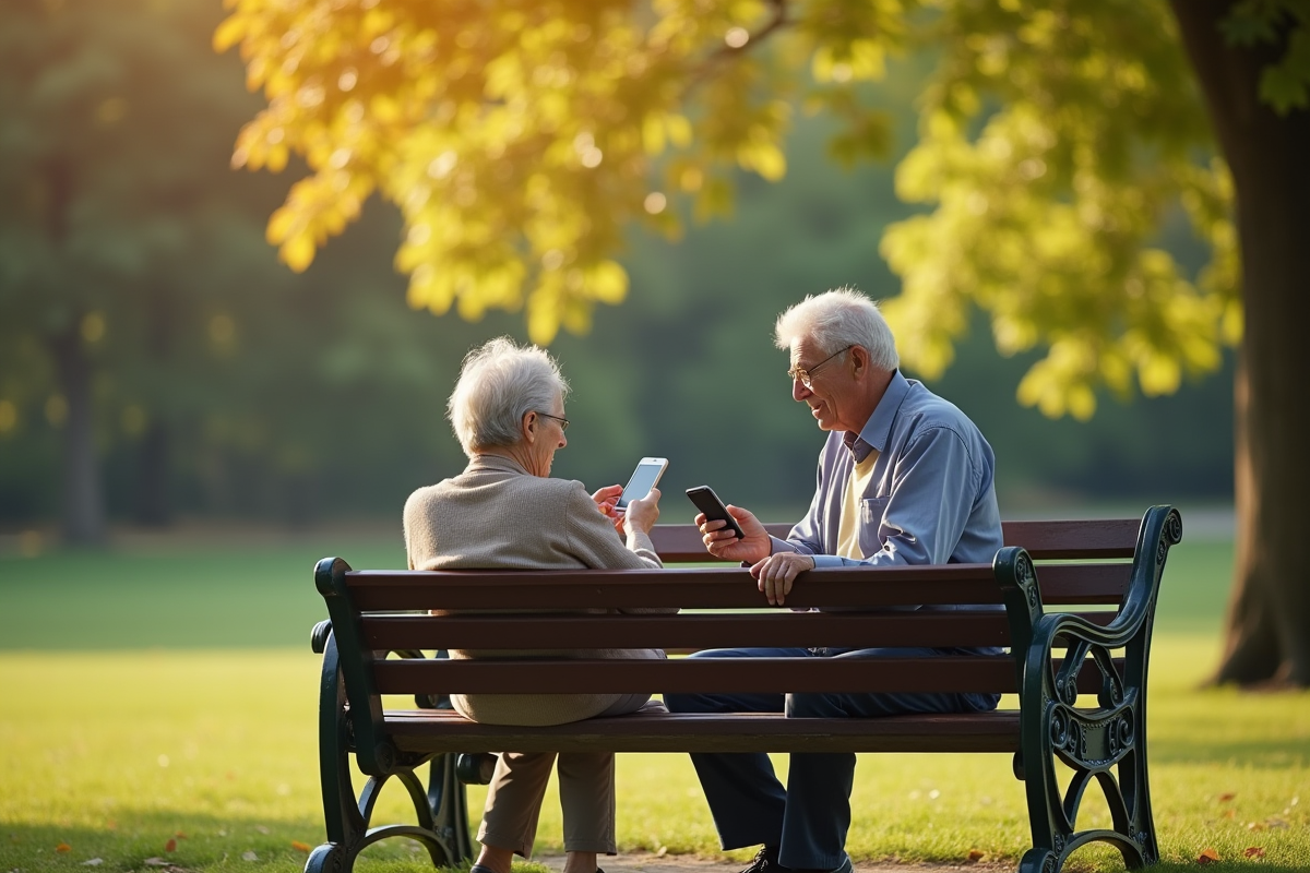 Couple senior assis sur un banc dans un parc avec leurs smartphones