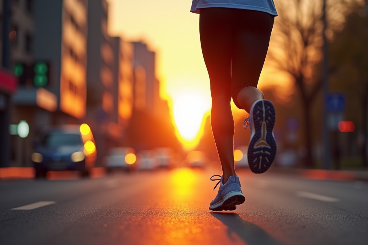 Personne courant en Nike dans une ville au lever du soleil