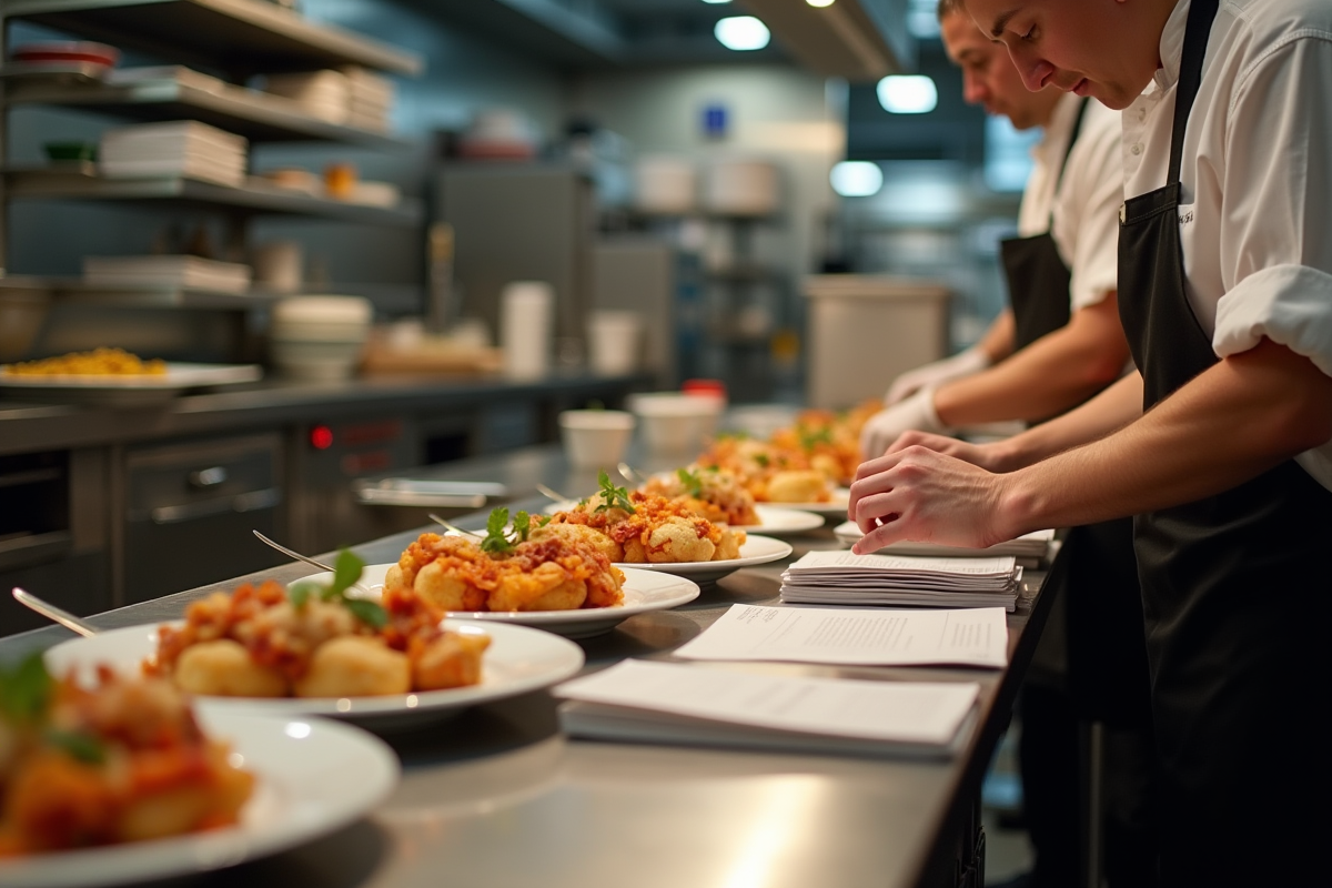 Vue plongeante sur cuisine de restaurant avec plats et chefs