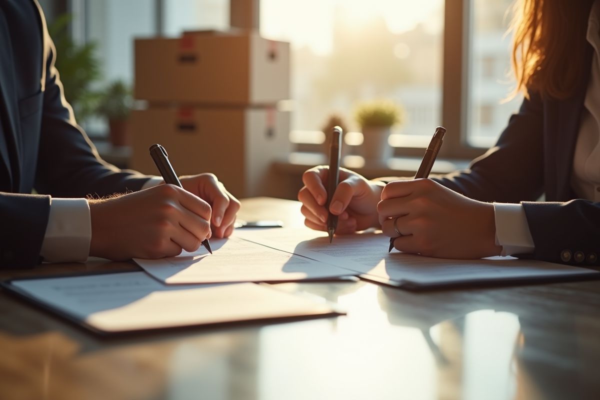 Deux professionnels signent des documents de fermeture dans un bureau lumineux