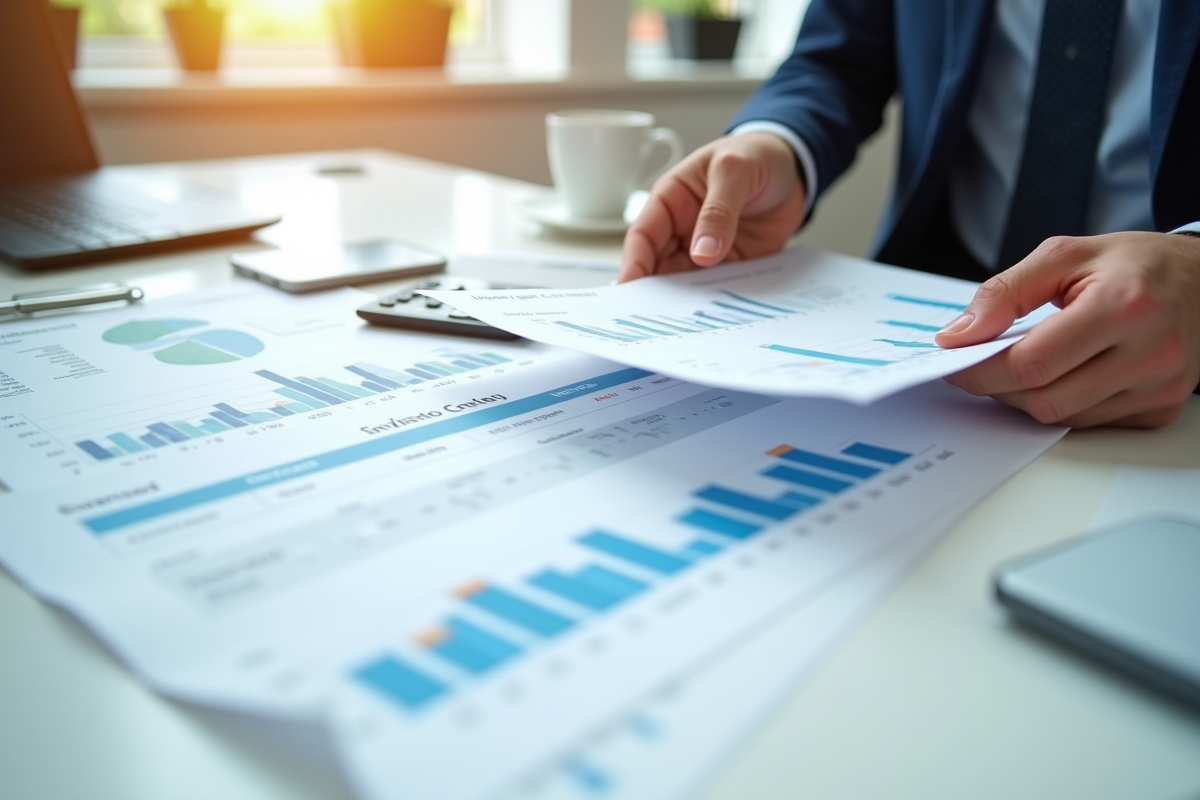 Mains échangeant des documents financiers sur un bureau lumineux