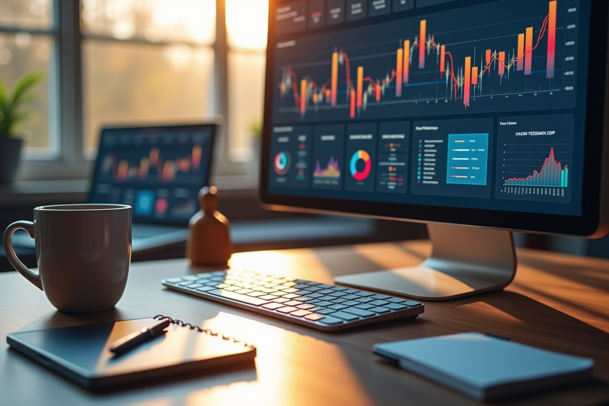 Ecran avec analytics et notes dans espace de travail lumineux