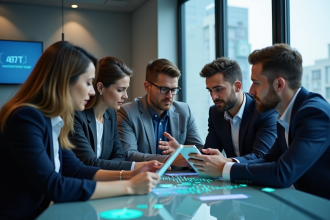 Professionnels de la cybersécurité en réunion dans un bureau moderne