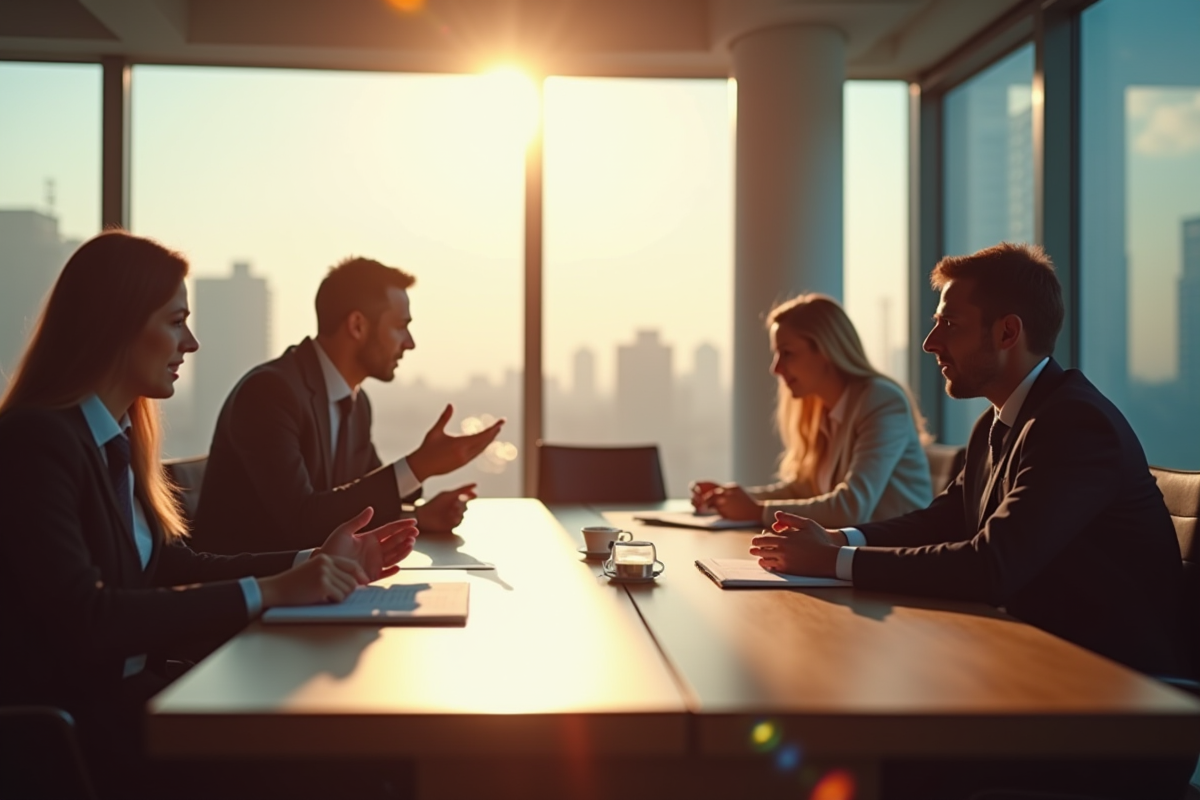 Une equipe divisée en réunion avec tensions et lumière naturelle