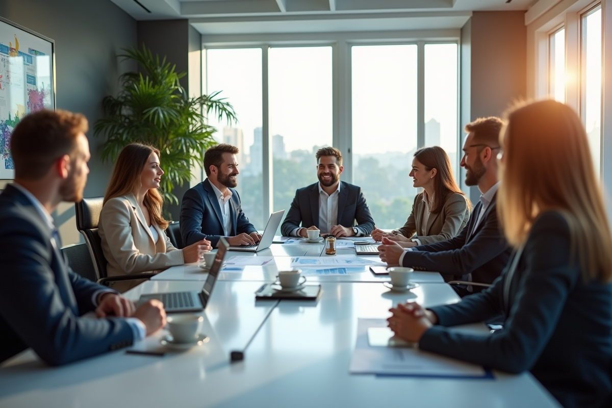 Groupe de cadres en réunion discutant autour de graphiques marketing