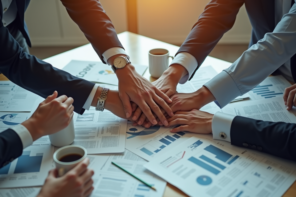 Mains de professionnels réunis autour d