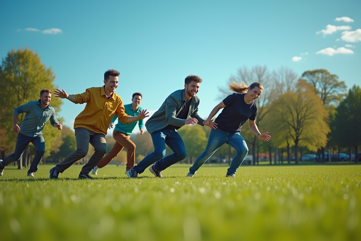 Équipe en plein course à trois jambes dans un parc ensoleille