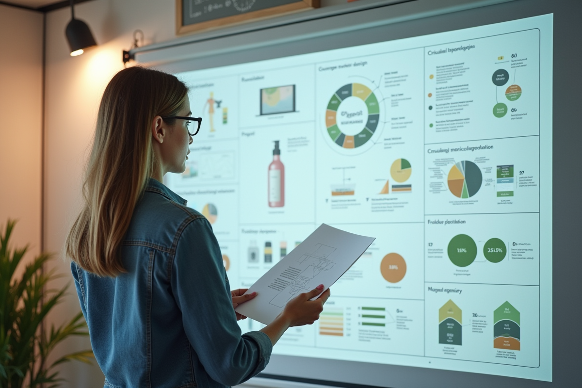Femme étudiant un plan de design durable dans un bureau moderne