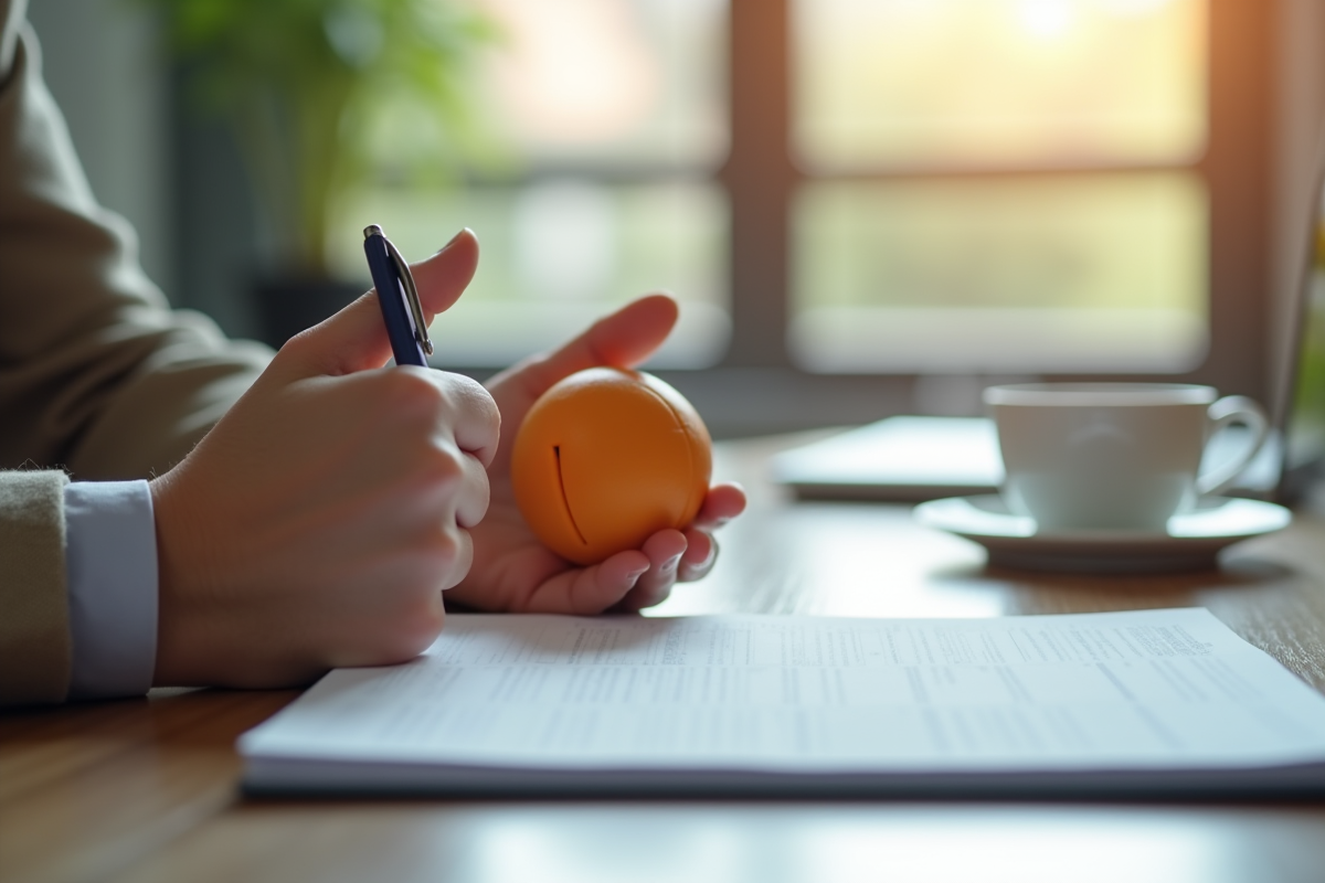 Mains tenant une balle anti-stress dans un espace lumineux