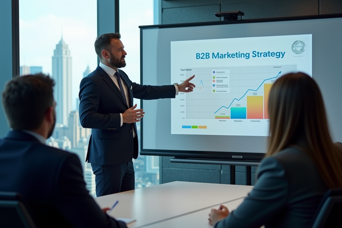 Cadre confiant présentant une stratégie marketing en réunion