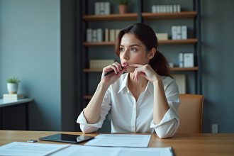Femme d affaires en réflexion avec documents et tablette