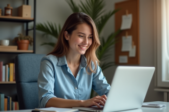 Jeune femme au bureau à domicile concentrée sur son ordinateur