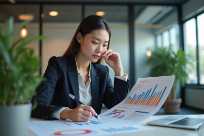 Jeune femme professionnelle analysant un tableau de KPI colorés