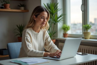 Femme assise à un bureau moderne utilisant un ordinateur portable