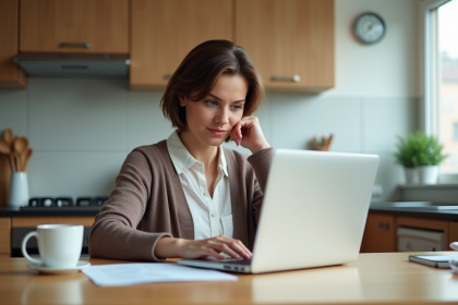 Femme concentr&eacute;e travaillant &agrave; la maison sur un ordinateur