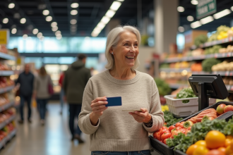 Femme souriante avec carte de fidelite dans un supermarche