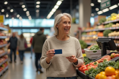 Femme souriante avec carte de fidelite dans un supermarche