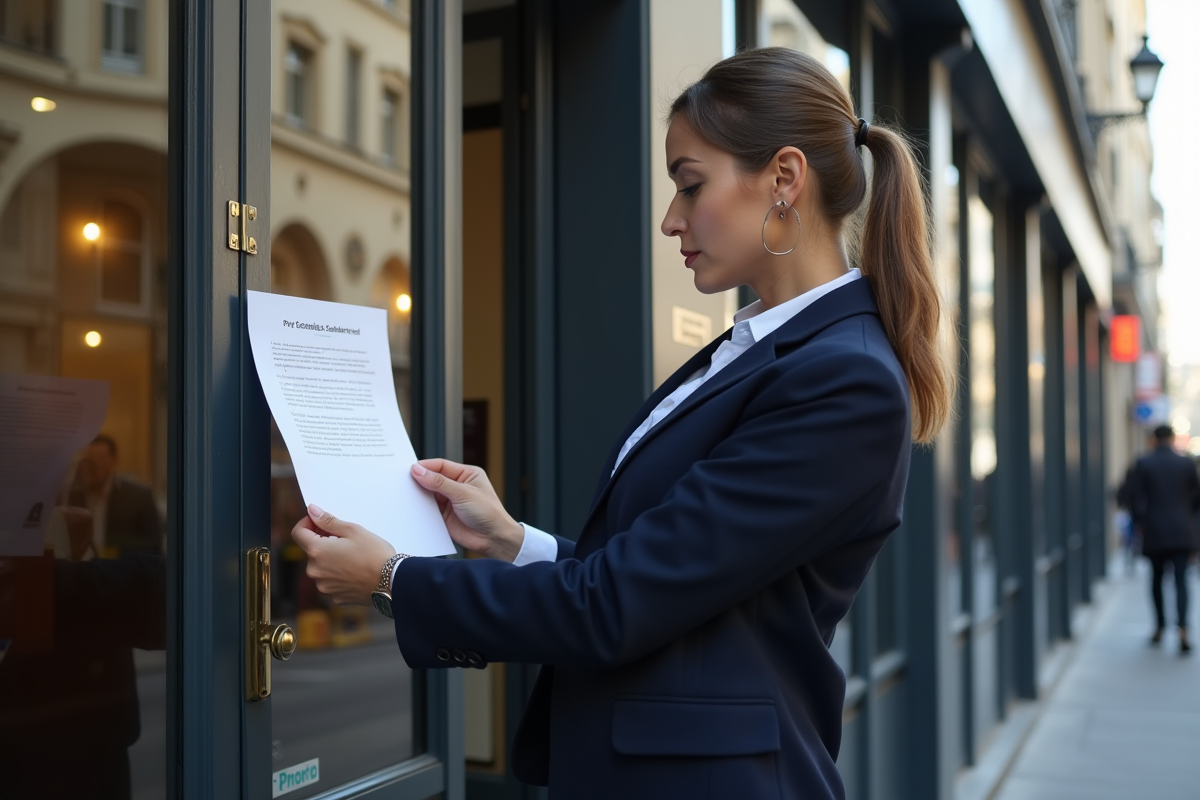 Femme postant une lettre de fermeture devant un bâtiment