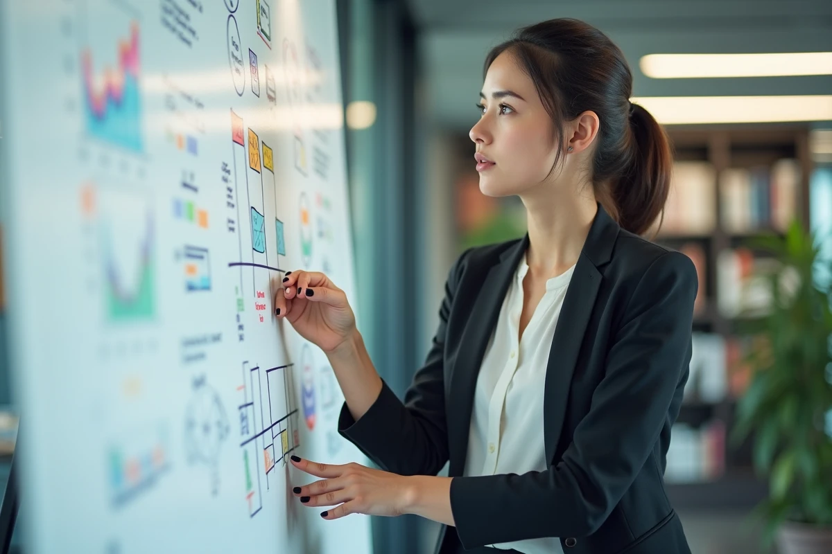Jeune femme en réunion avec tableau coloré