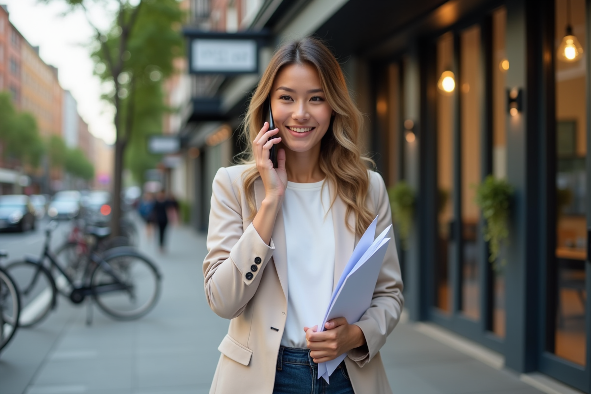 Femme entrepreneure parlant au téléphone devant un espace de coworking