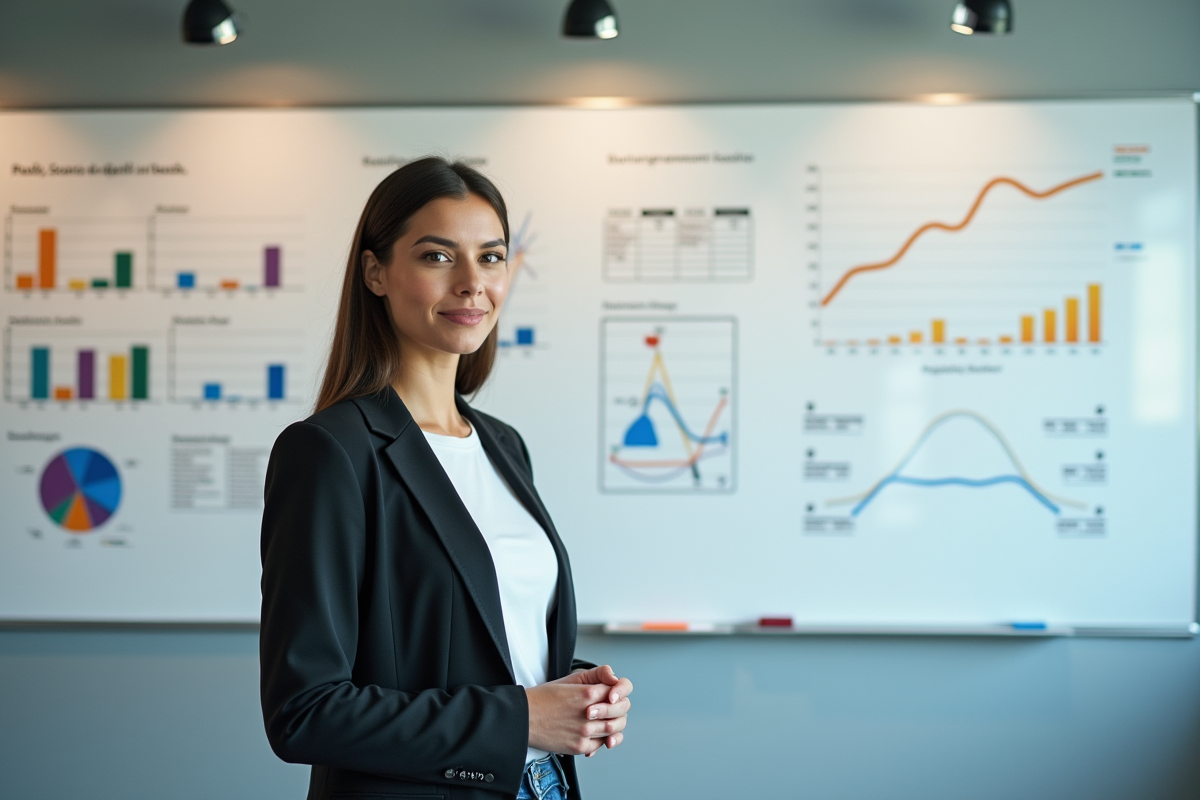 Femme confiante en présentation devant tableau blanc