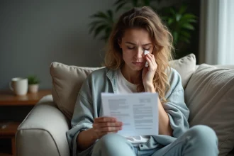 Femme assise sur un canapé lisant un document médical
