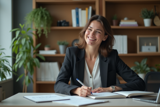Femme professionnelle en bureau moderne souriante