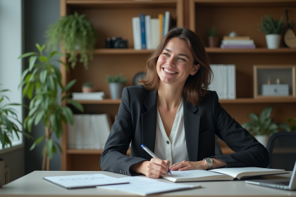 Femme professionnelle en bureau moderne souriante