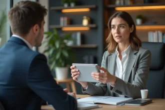 Femme confiante en bureau moderne présentant un produit