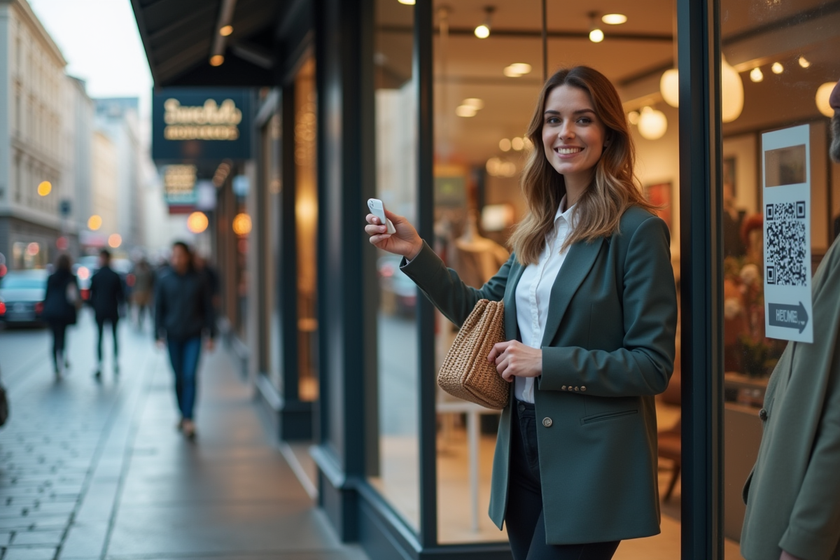 Femme scannant un code QR devant une boutique urbaine moderne