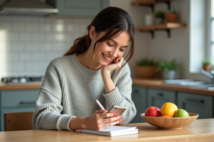 Femme assise &agrave; la maison prenant des notes avec son smartphone