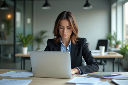 Femme concentr&eacute;e au bureau en train de chercher un code sur son ordinateur
