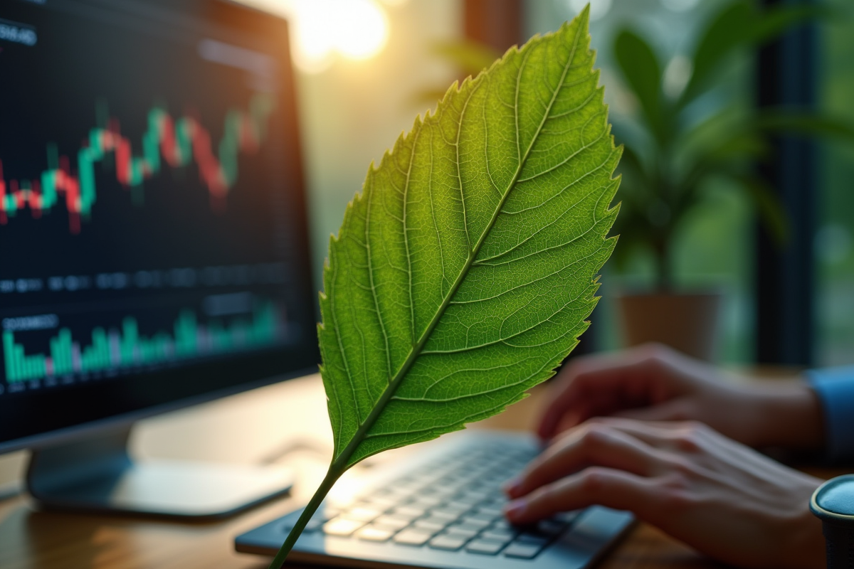 Feuille verte sur un graphique financier avec clavier et lumière naturelle