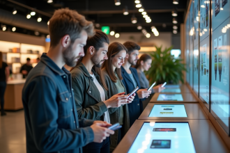 Groupe de consommateurs utilisant des kiosques interactifs en magasin