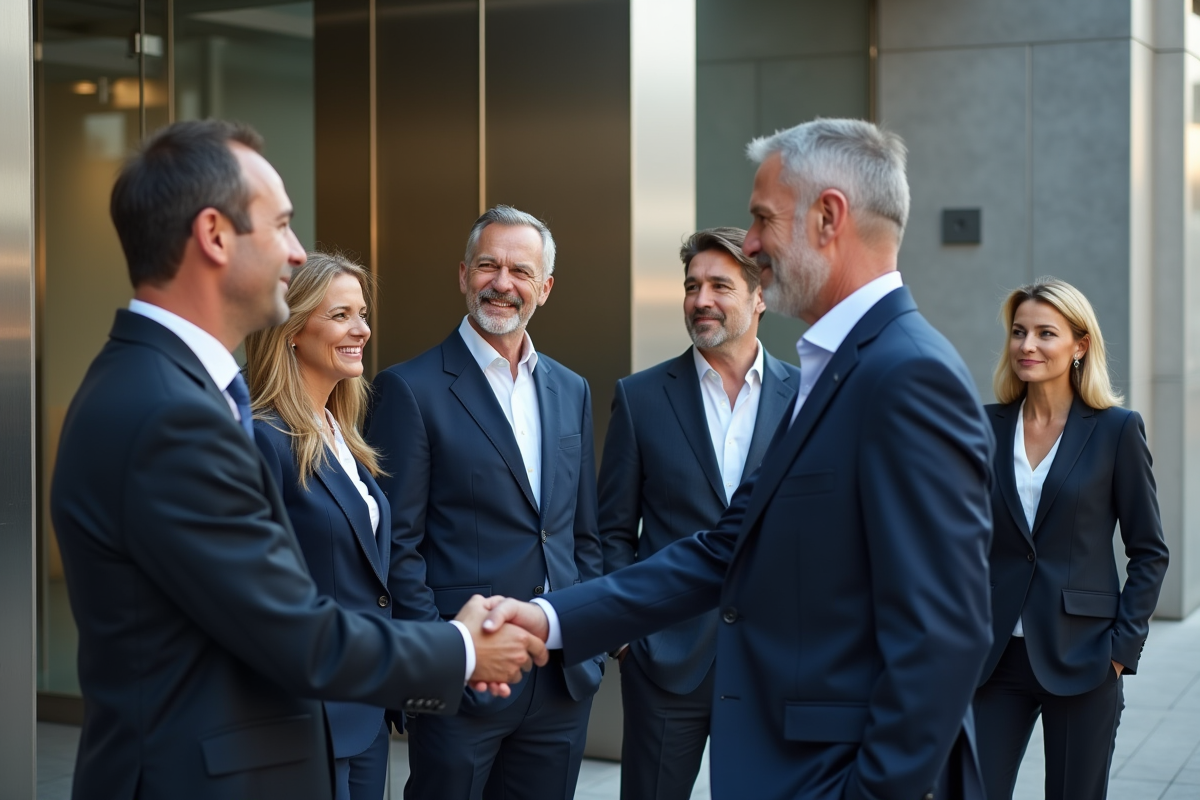 Groupe divers d executives devant un bâtiment d affaires
