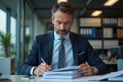 Homme d'affaires français examine des documents officiels