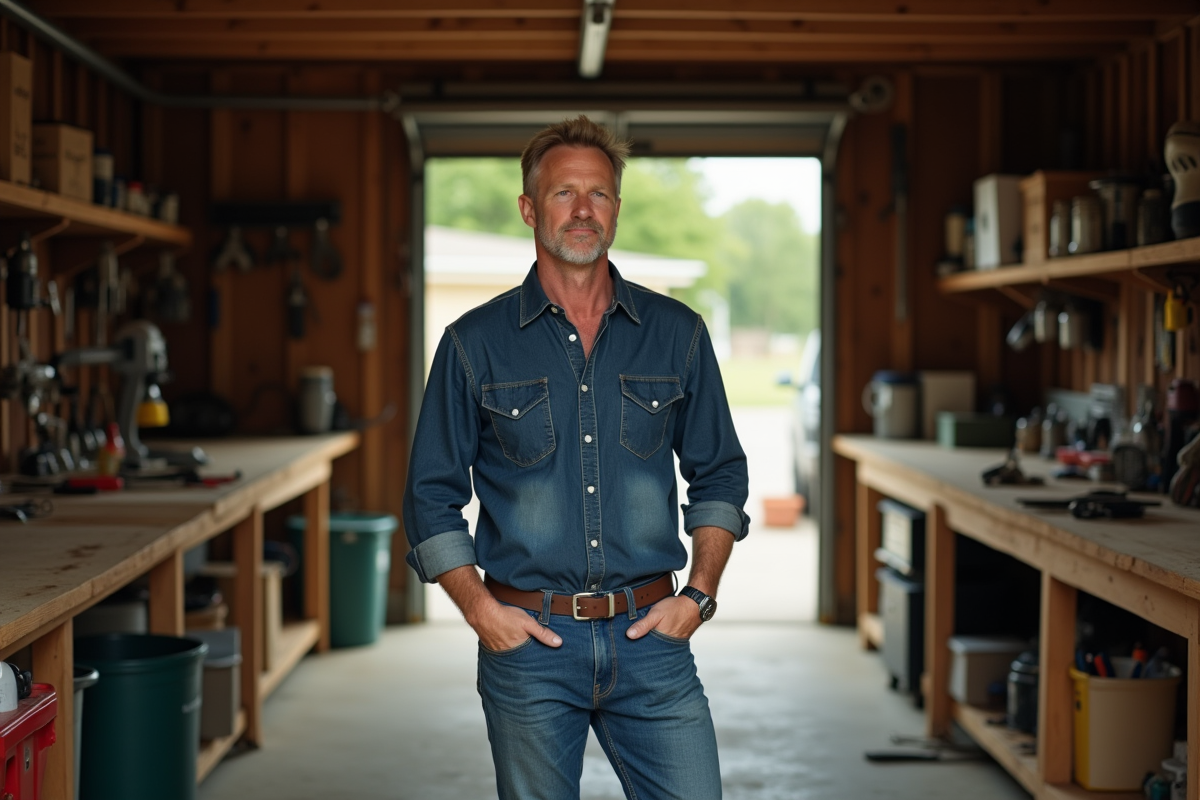 Homme dans son atelier avec outils et ambiance motivante