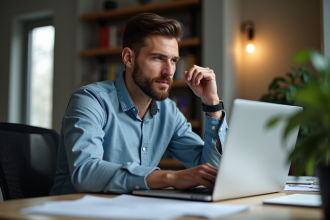 Homme concentré dans son bureau moderne à la maison