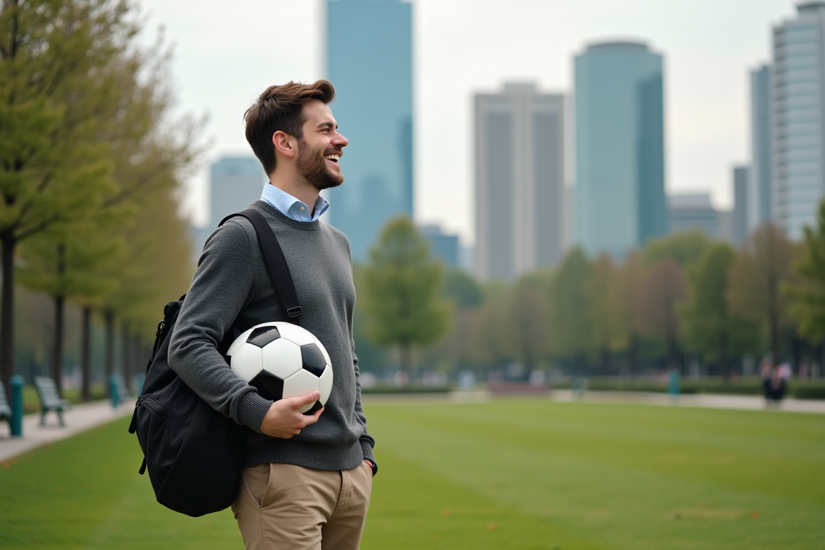 Jeune homme urbain avec ballon de football en parc