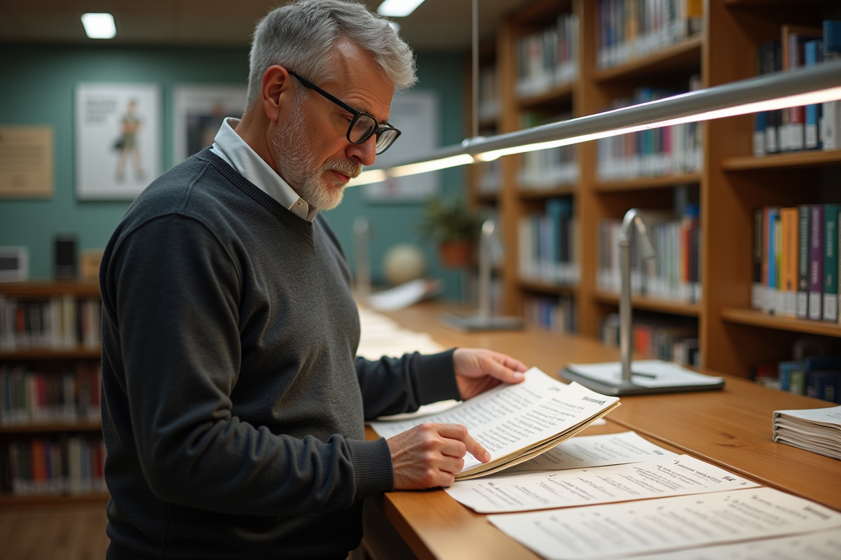 Homme âgé consultant un annuaire dans une bibliothèque organisée