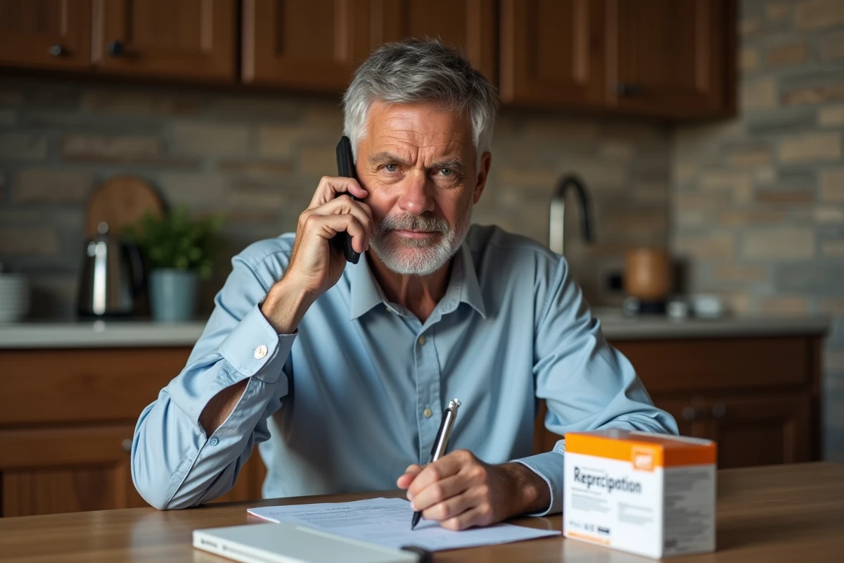 Homme au téléphone remplissant un formulaire dans la cuisine