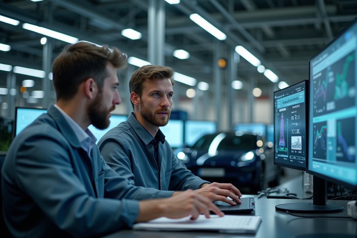 Ingénieurs Tesla collaborant en usine innovante
