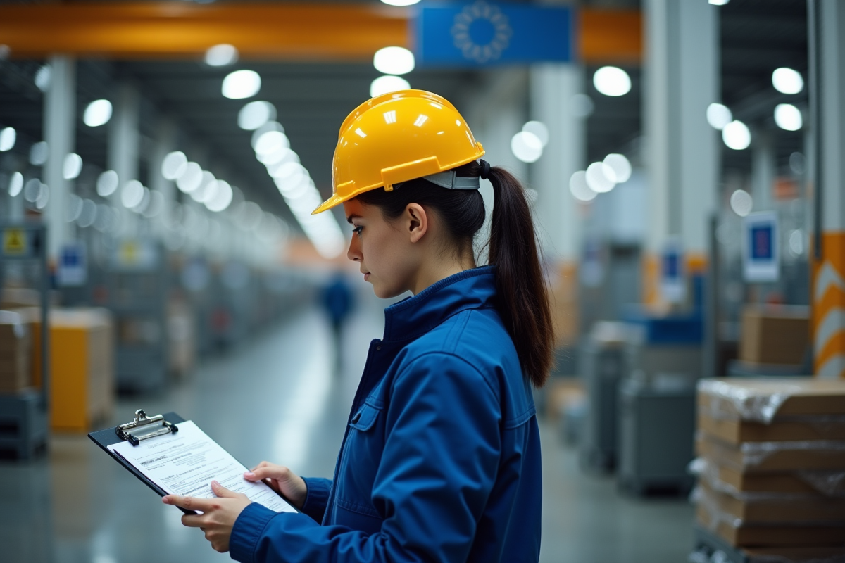 Jeune ingénieure contrôle la conformité dans une usine