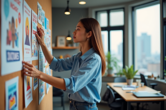 Jeune femme arrangeant des affiches awareness dans un studio créatif