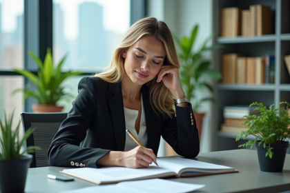 Jeune femme entrepreneure en bureau moderne avec notes